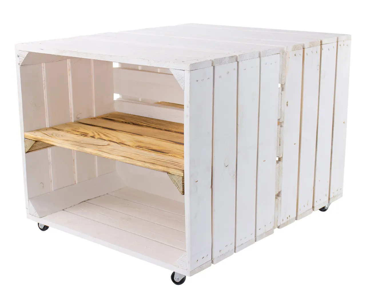 Beistelltisch aus weiß geflammten Kisten mit Regalbrett 50x40x60cm