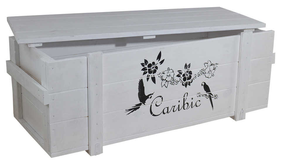 Große weiße Holztruhe mit Aufdruck "Caribic"