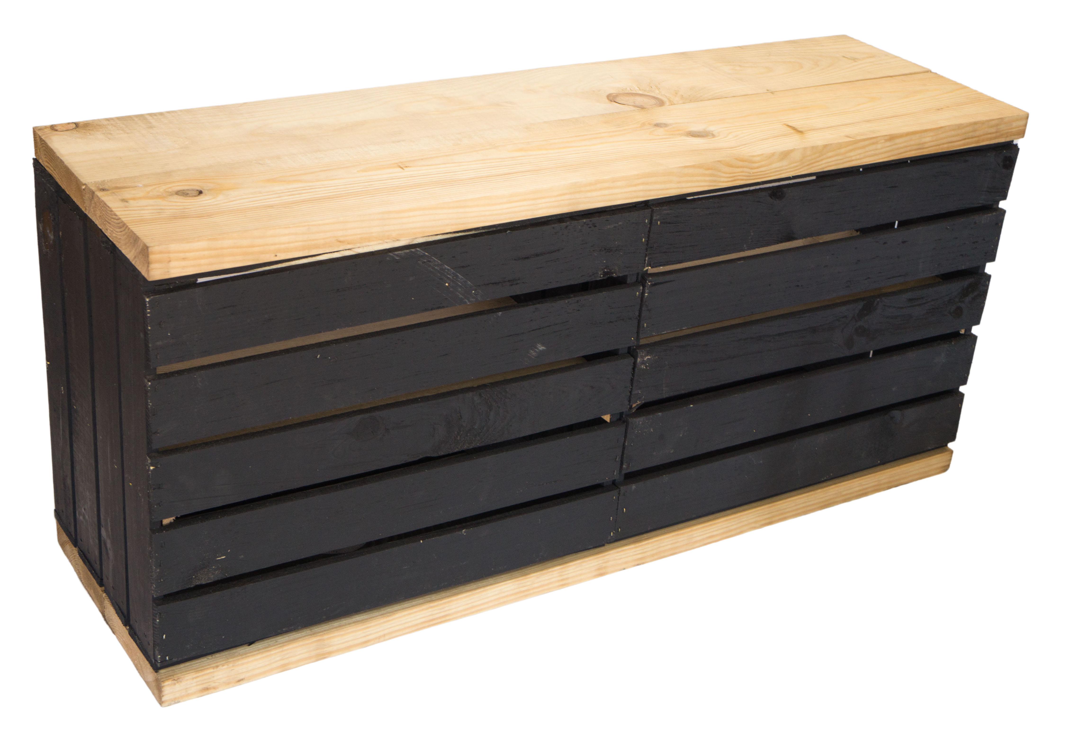 Sitzbank schwarz mit Sitzfläche aus dicken Holzplanken Natur mit Mittelbrett Natur