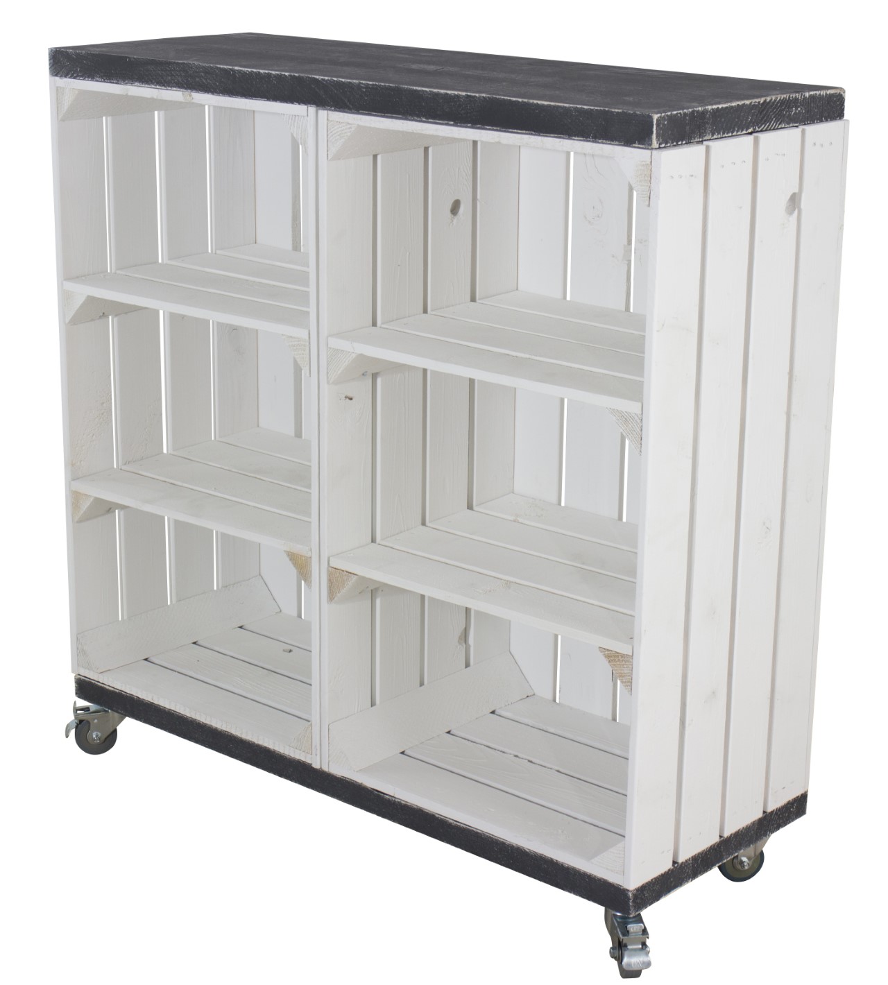 Kommode aus 2 weißen Obstkisten mit 4 Mittelbrettern sowie 2 Bohlenbrettern in Schwarz, auf Rollen 81x80x30cm Kommode aus 2 weißen Obstkisten mit 4 Mittelbrettern sowie 2 Bohlenbrettern in Schwarz, auf Rollen 81x80x30cm
