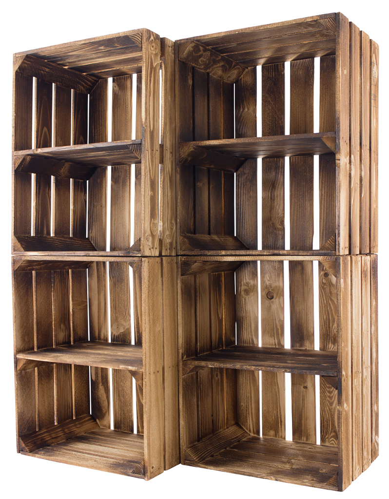 12x Geflammte Kiste für Schuh-und Bücherregal "quer" 50x40x30cm Gemischtes Set aus geflammten Holzkisten 50x40x30cm