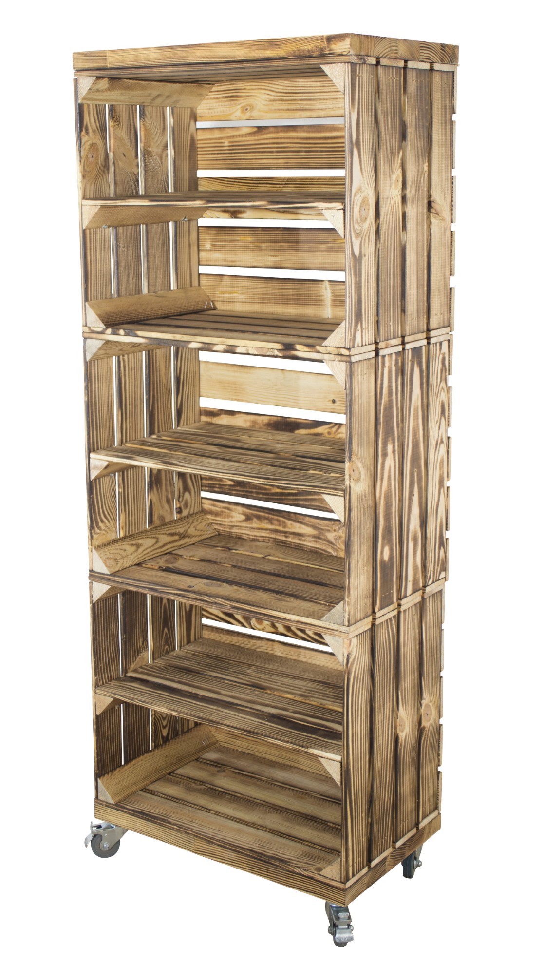 Regal aus 3 geflammten Obstkisten mit 2 geflammten Bohlenbrettern auf Rollen 133x50x30cm Regal aus 3 geflammten Obstkisten mit 2 geflammten Bohlenbrettern auf Rollen 133x50x30cm
