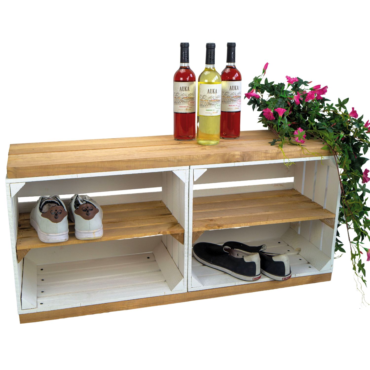 Weißer TV Schrank mit dicken Planken & Mittelbrett Natur