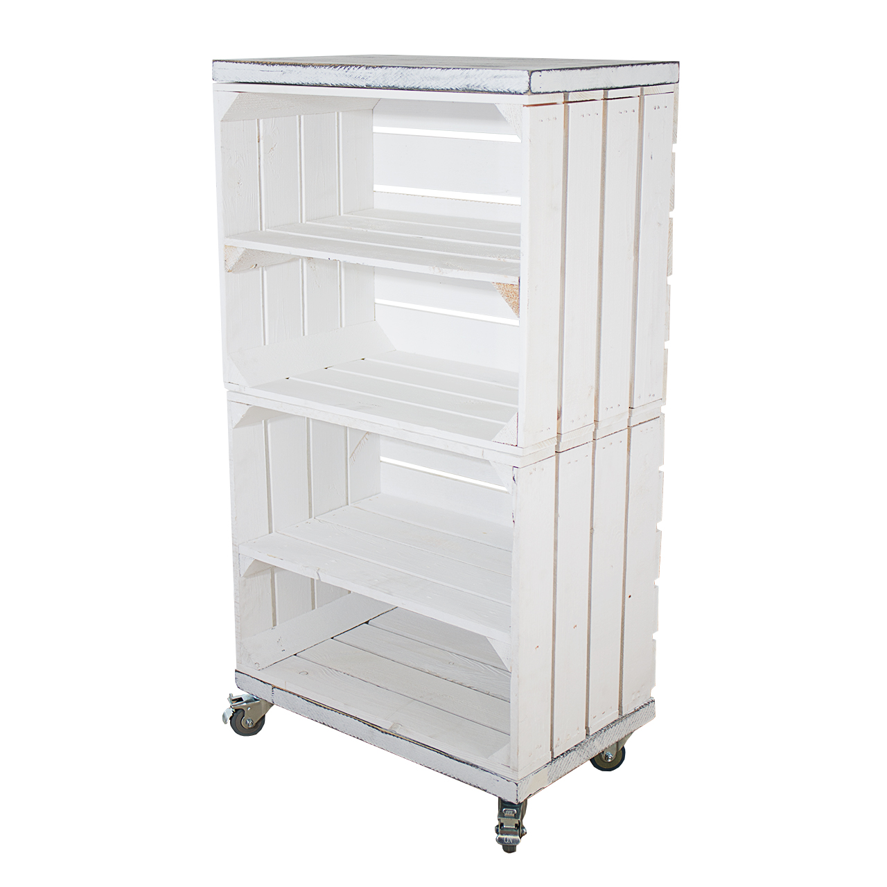 Regal aus 2 weißen Obstkisten mit 2 Bohlenbrettern in shabby weiß auf Rollen 93x50x30cm