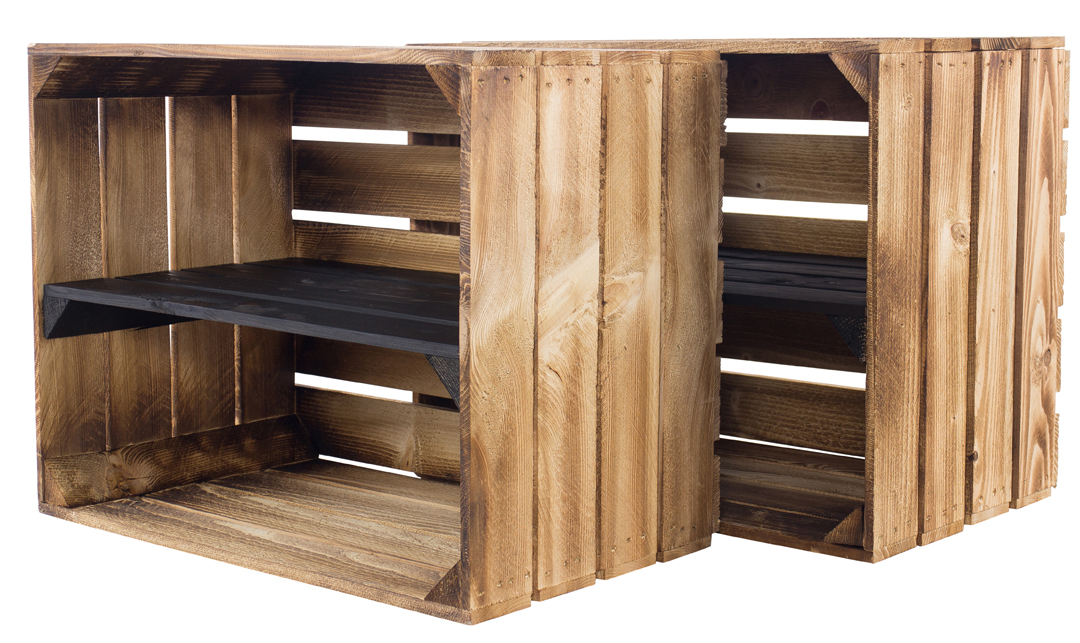 Geflammte Holzkiste mit schwarzem Mittelbrett 50x40x30cm Geflammte Holzkiste mit schwarzem Mittelbrett 50x40x30cm