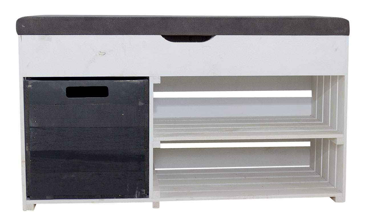 Gepolstertes, weißes Sitzregal mit Stauraum durch praktische schwarze Holzkiste / Regalboden / 90x52x39cm