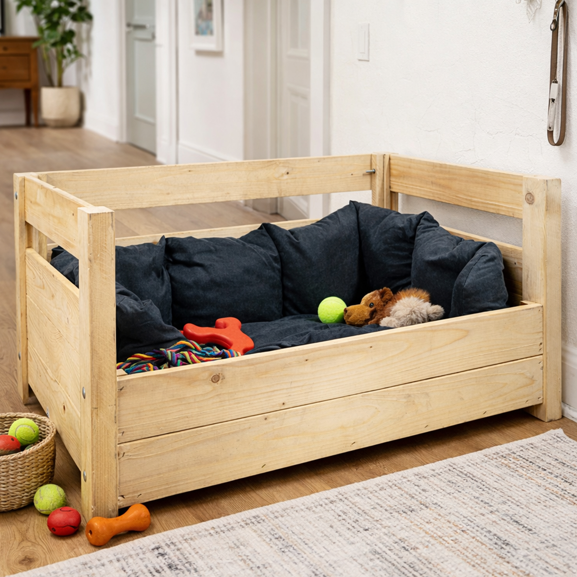 Hundebett Charly – Massivholz in Natur, Braun oder Geflammt 90x57x45cm Natur ohne Kissen