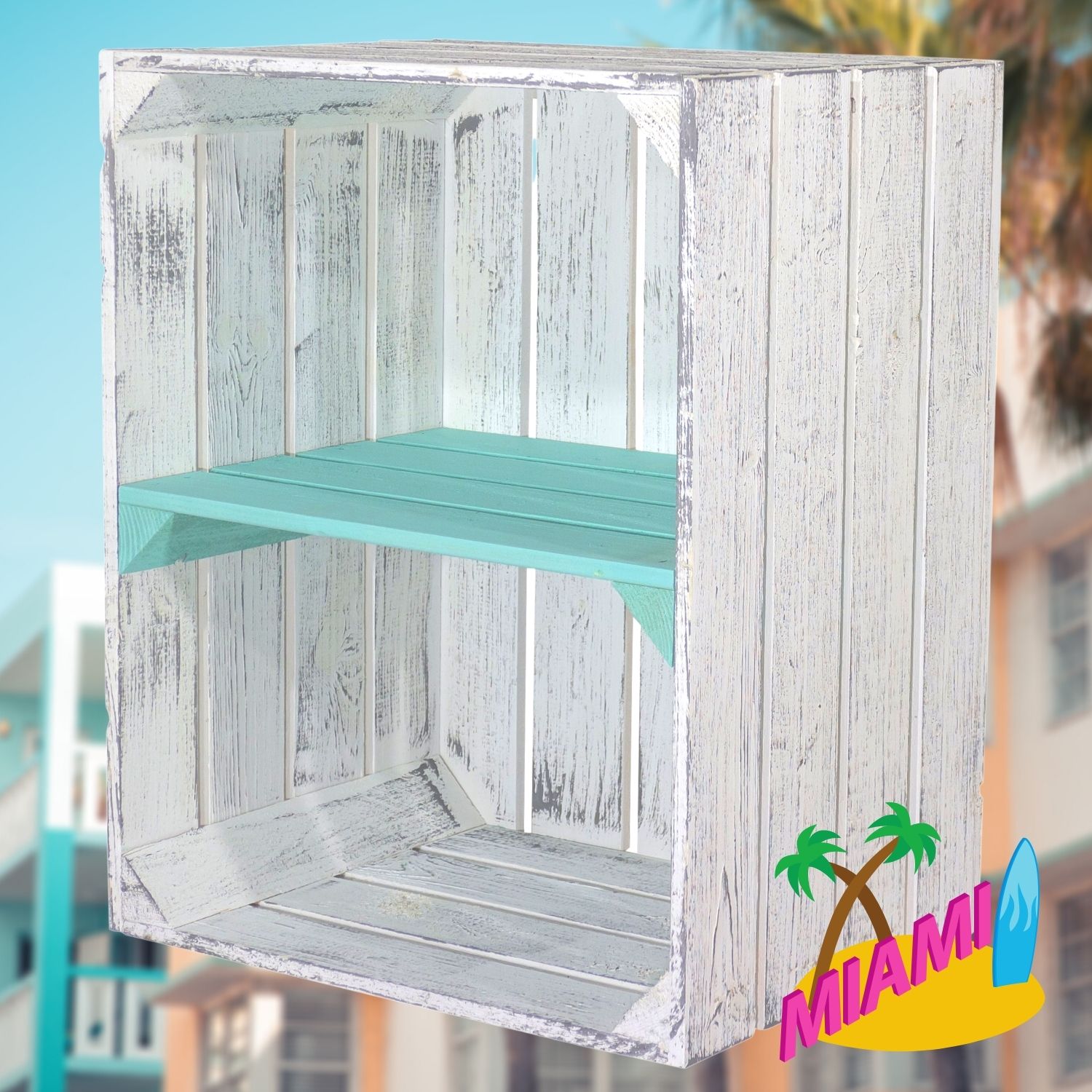 Shabby graue Obstkiste mit türkisem Mittelbrett -quer- 50 x 40 x 30cm