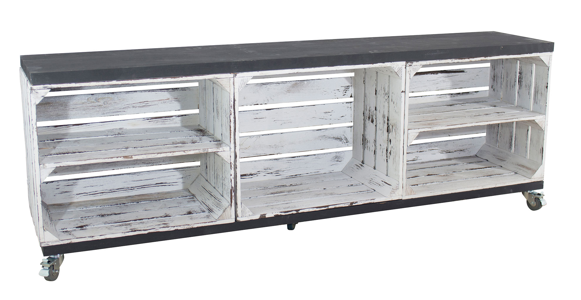 TV Schrank aus 3 Kisten in grau vintage mit 2 Bohlenbrettern in schwarz auf Rollen, 150x53x30