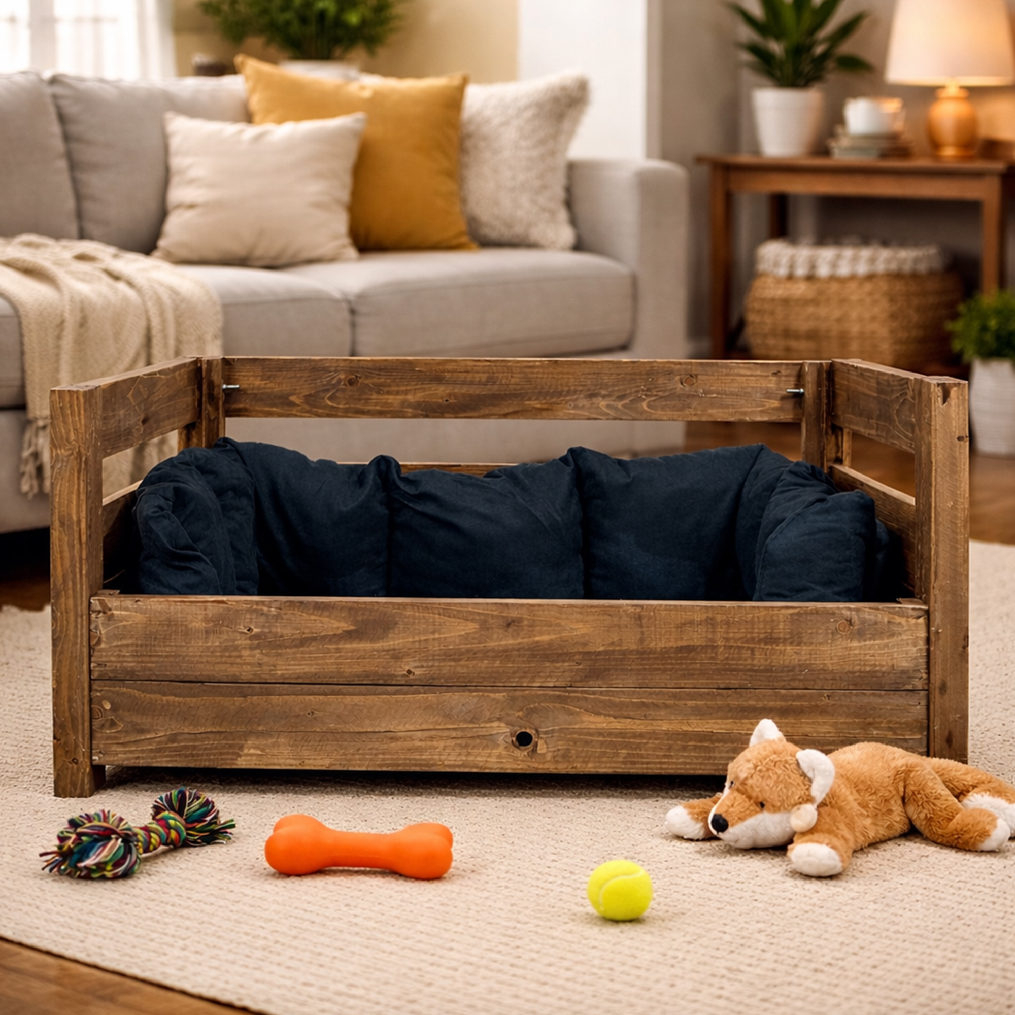 Hundebett Charly – Massivholz in Natur, Braun oder Geflammt 90x57x45cm Braun ohne Kissen