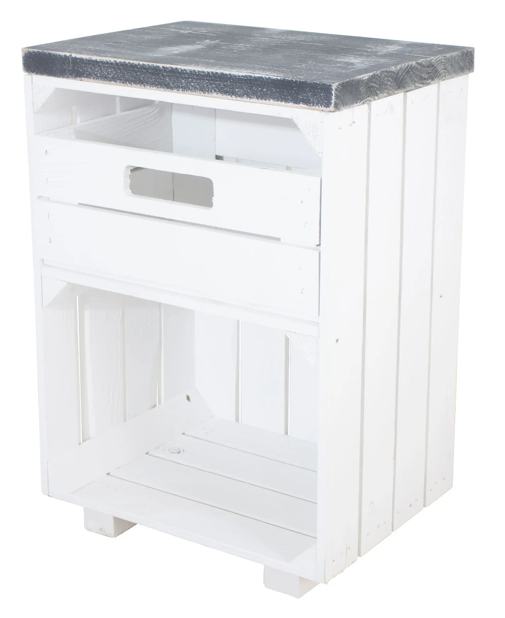 Nachttisch in weiß mit Schublade und Bohlenbrett in shabby schwarz auf Füßen 40x57x30
