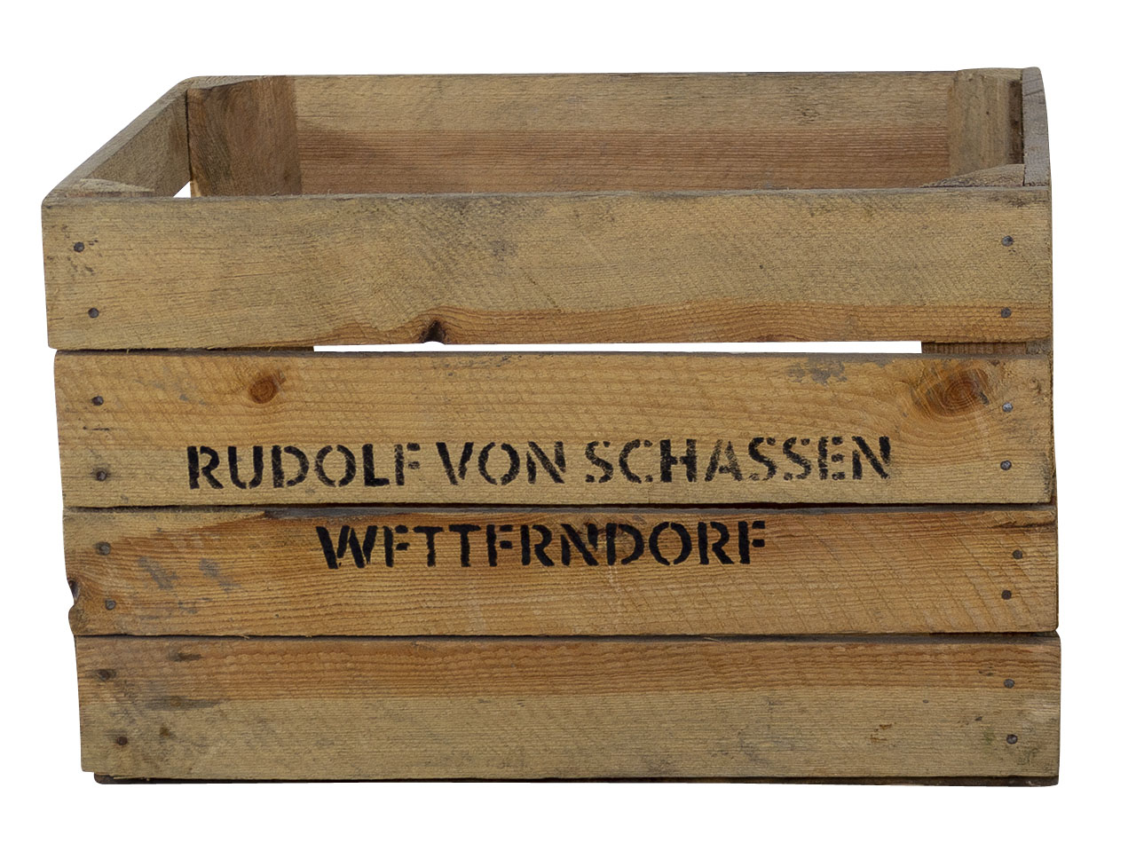 Alte Apfelkiste mit Aufdruck "Rudolf von Schassen" 50x40x30cm