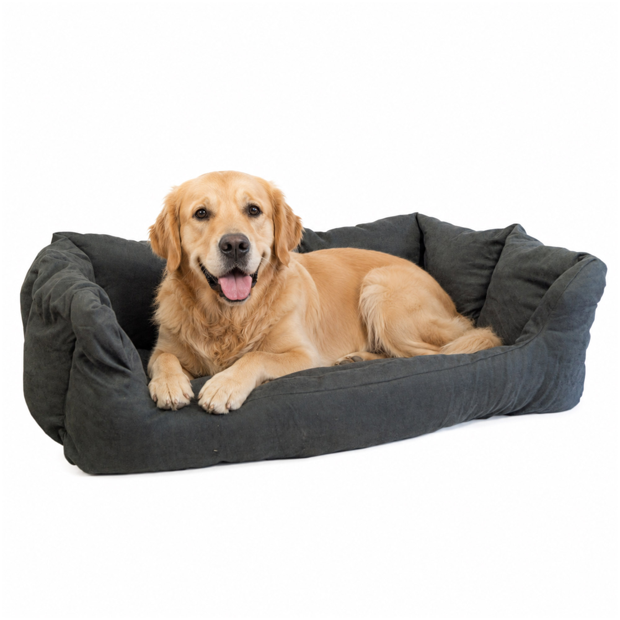 Hundebett Charly – Massivholz in Natur, Braun oder Geflammt 90x57x45cm Kissen grau
