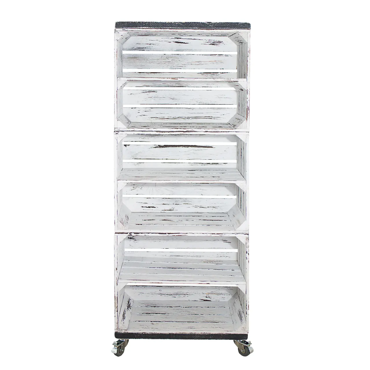 Regal aus 3 shabby weißen Obstkisten mit 2 Bohlenbrettern in grau vintage auf Rollen 133x50x30cm Regal aus 3 shabby weißen Obstkisten mit 2 Bohlenbrettern in grau vintage auf Rollen 133x50x30cm