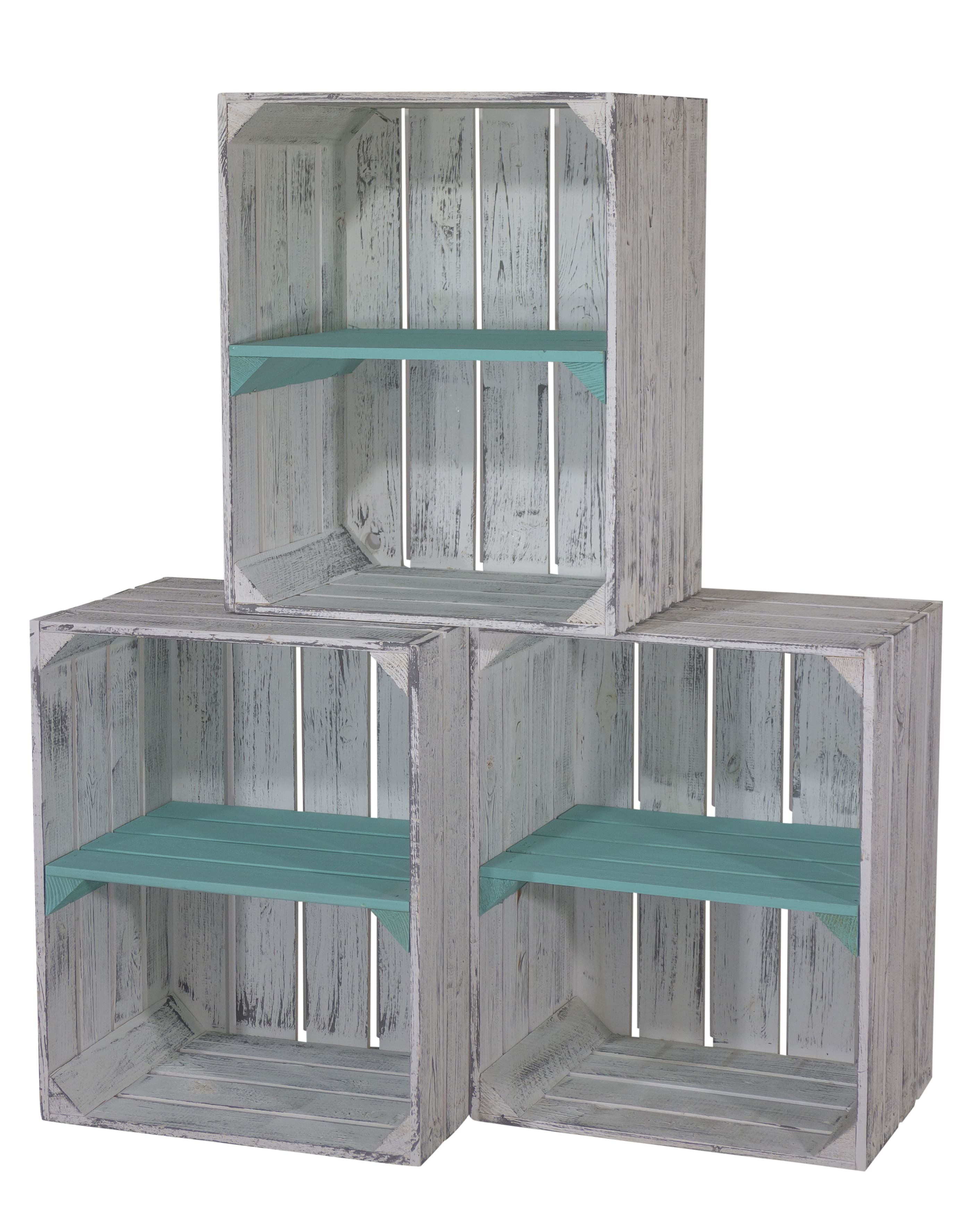 Shabby graue Obstkiste mit türkisem Mittelbrett -quer- 50 x 40 x 30cm