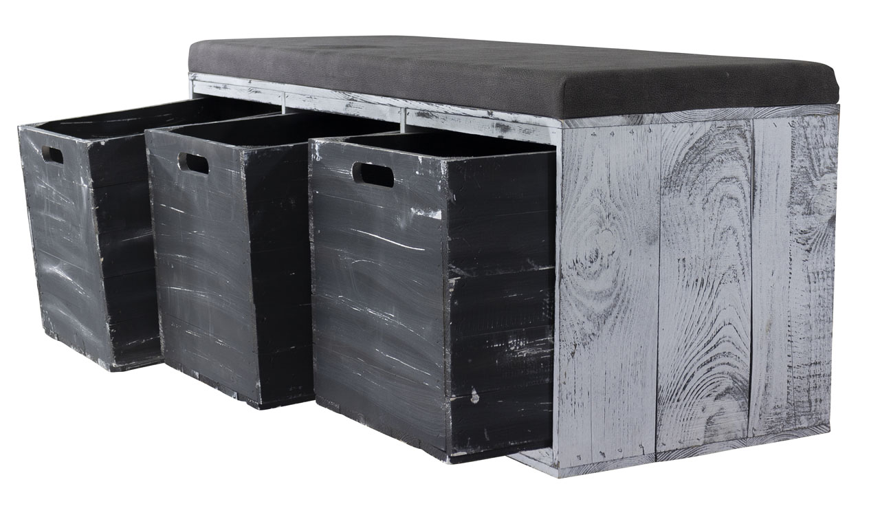 Tolle Sitzbank Shabby Schwarz gepolstert, mit drei geräumigen Kallax Kisten