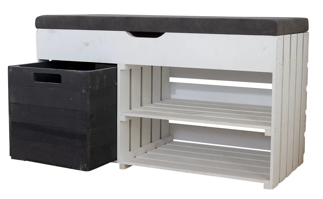 Gepolstertes, weißes Sitzregal mit Stauraum durch praktische schwarze Holzkiste / Regalboden / 90x52x39cm