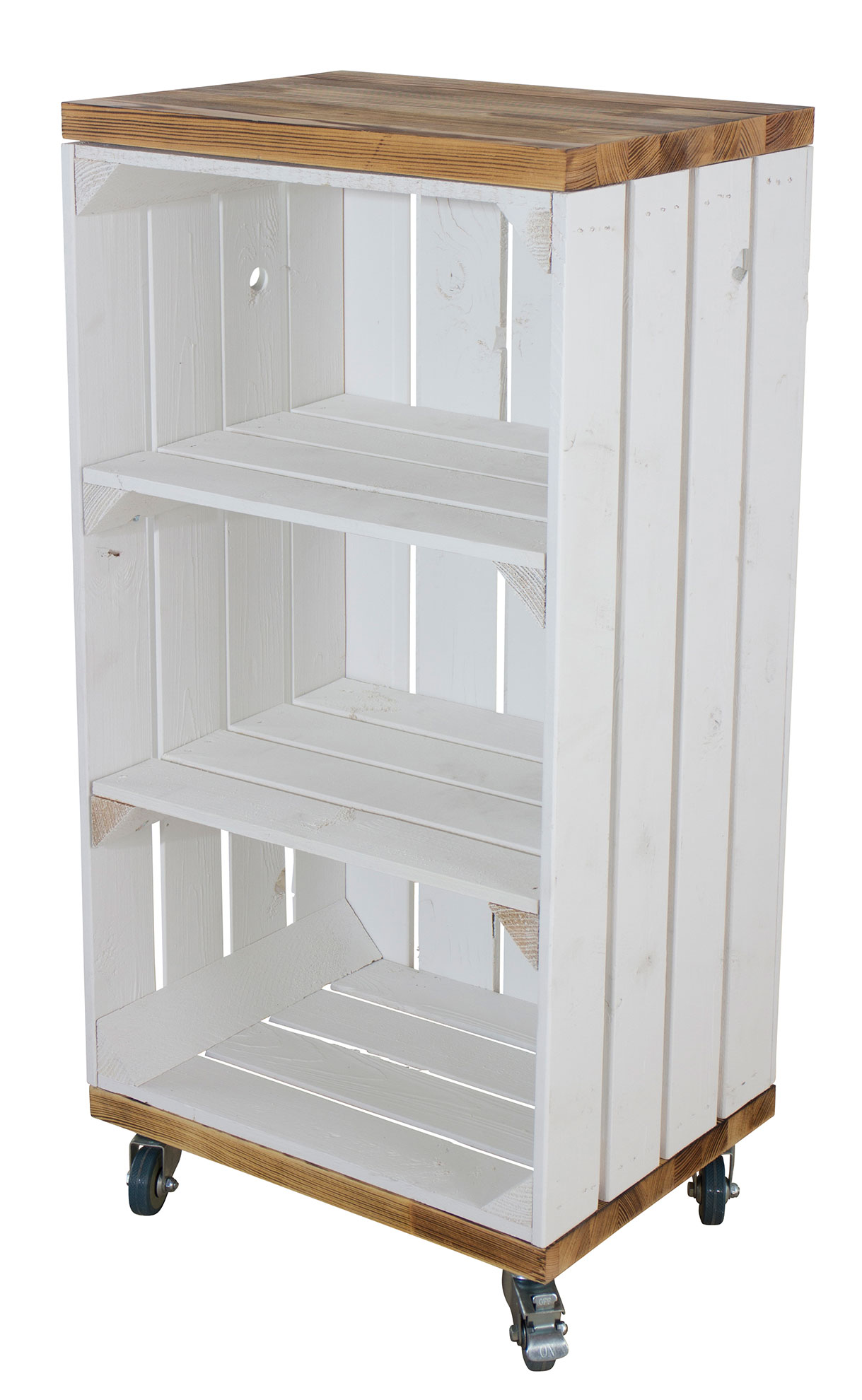 Regal aus einer hohen weißen Kiste mit 2 geflammten Bohlenbrettern auf Rollen, 40x80x30cm Regal aus einer hohen weißen Kiste mit 2 geflammten Bohlenbrettern auf Rollen, 40x80x30cm