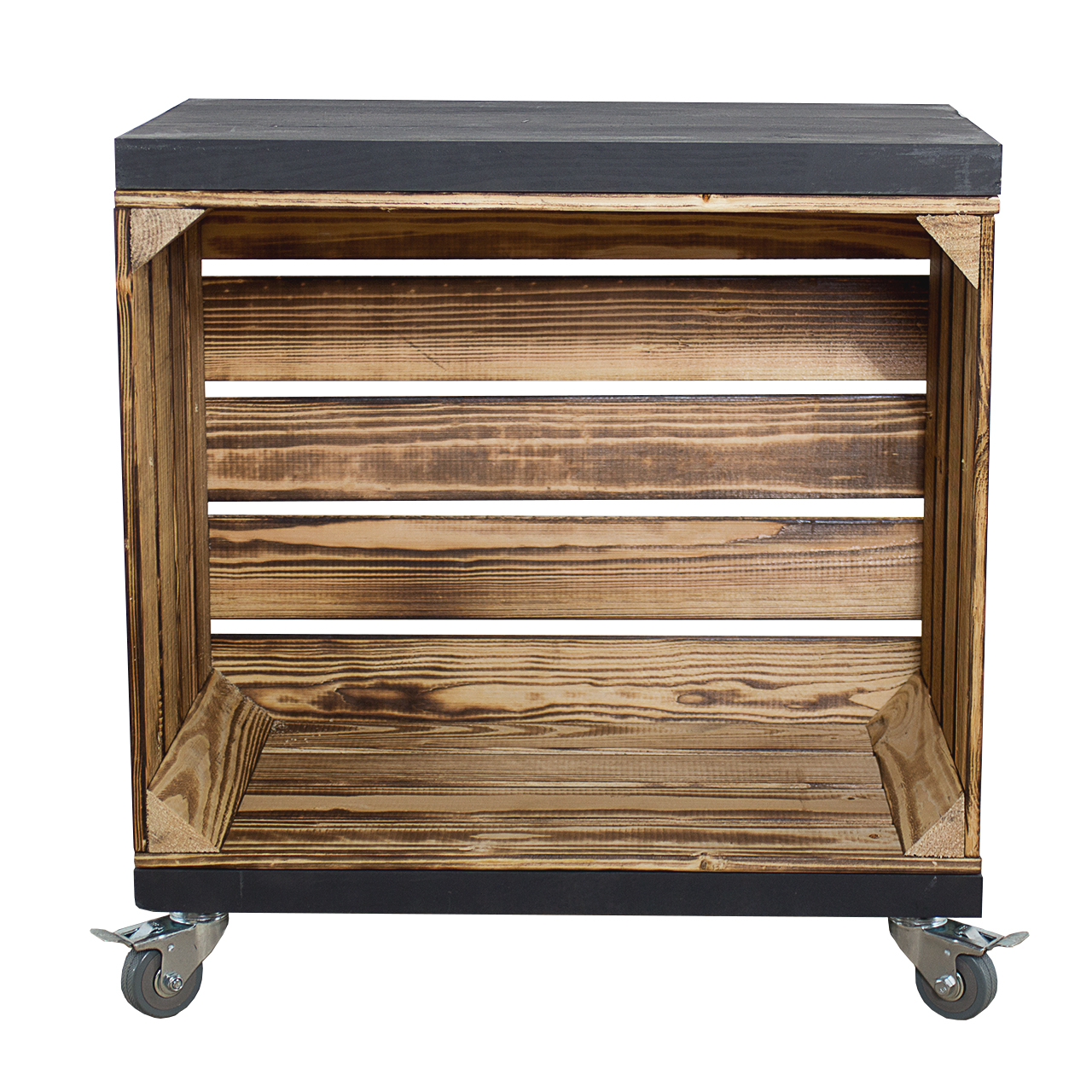 Regal aus einer geflammten Obstkiste mit zwei Bohlenbrettern in Schwarz, auf Rollen 53x50x30cm Regal aus einer geflammten Obstkiste mit zwei Bohlenbrettern in Schwarz, auf Rollen 53x50x30cm