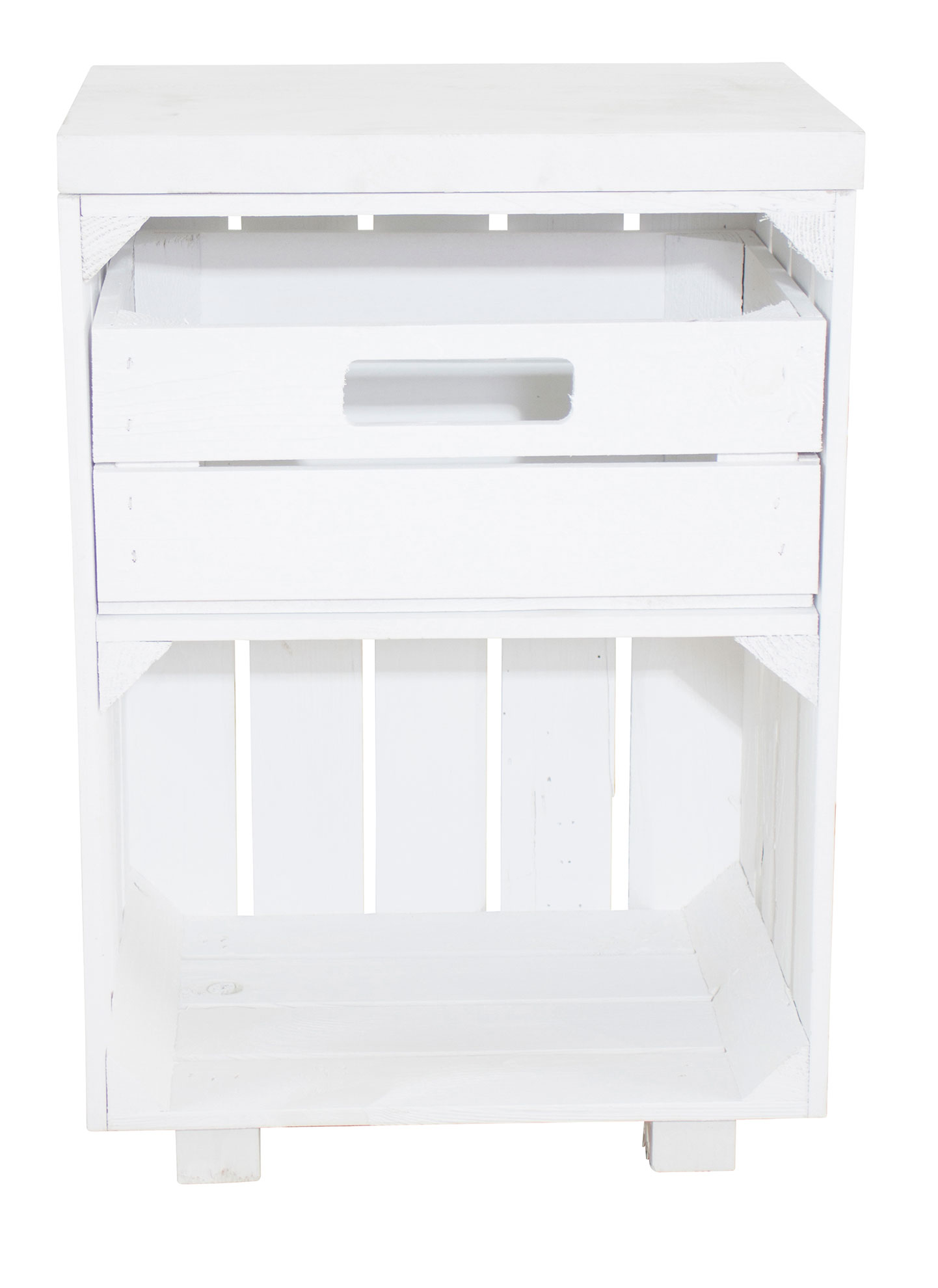 Nachttisch in weiß mit Schublade und Bohlenbrett in weiß auf Füßen 40x57x30