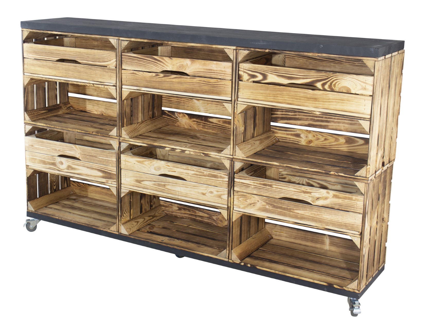 Raumtrenner/ Kommode aus geflammten Kisten mit 2 Bohlenbrettern in schwarz auf Rollen 150x93x30cm Raumtrenner/ Kommode aus geflammten Kisten mit 2 Bohlenbrettern in schwarz auf Rollen 150x93x30cm