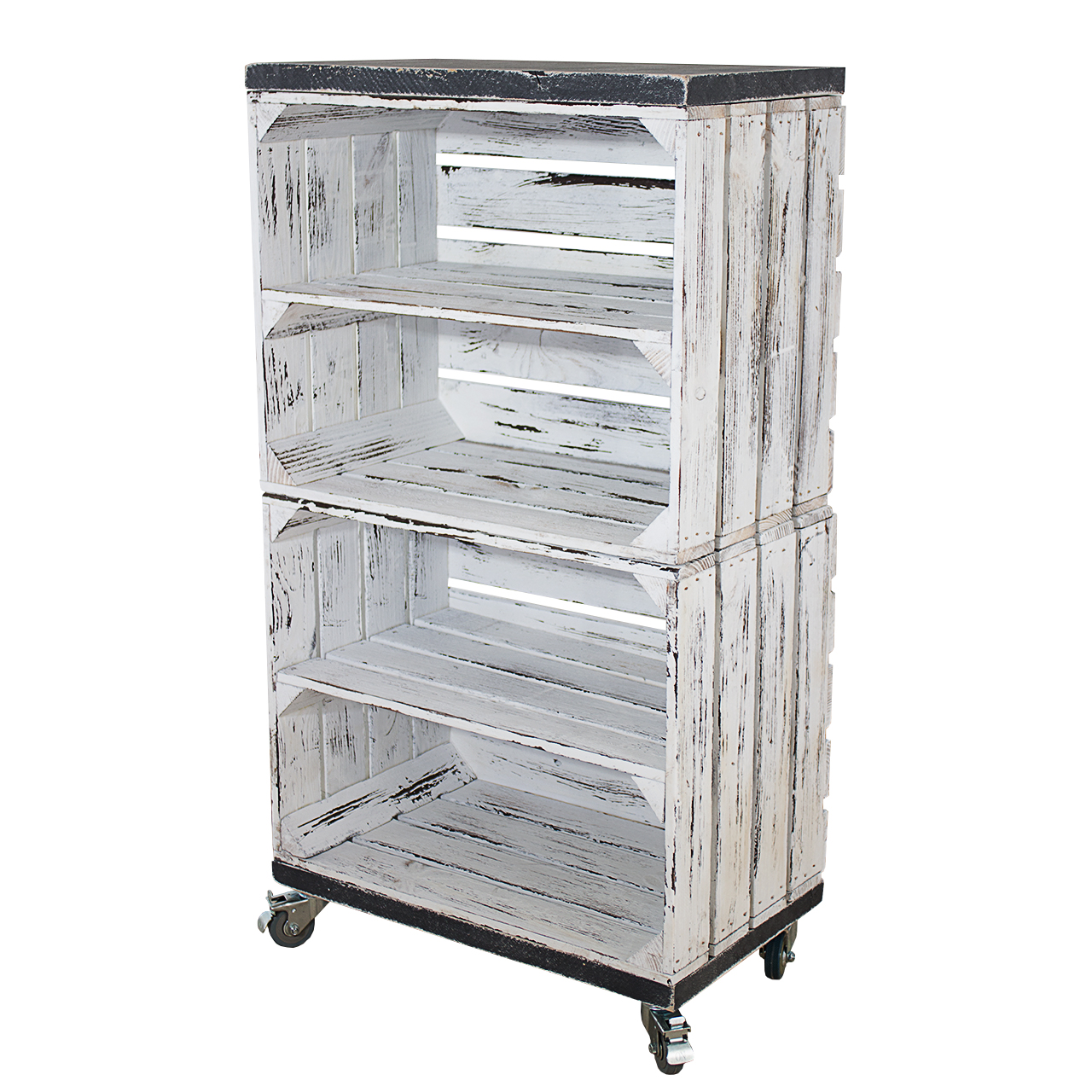 Regal aus 2 Shabby weißen Obstkisten mit 2 Bohlenbrettern in Vintage Grau auf Rollen 93x50x30cm Regal aus 2 Shabby weißen Obstkisten mit 2 Bohlenbrettern in Vintage Grau auf Rollen 93x50x30cm