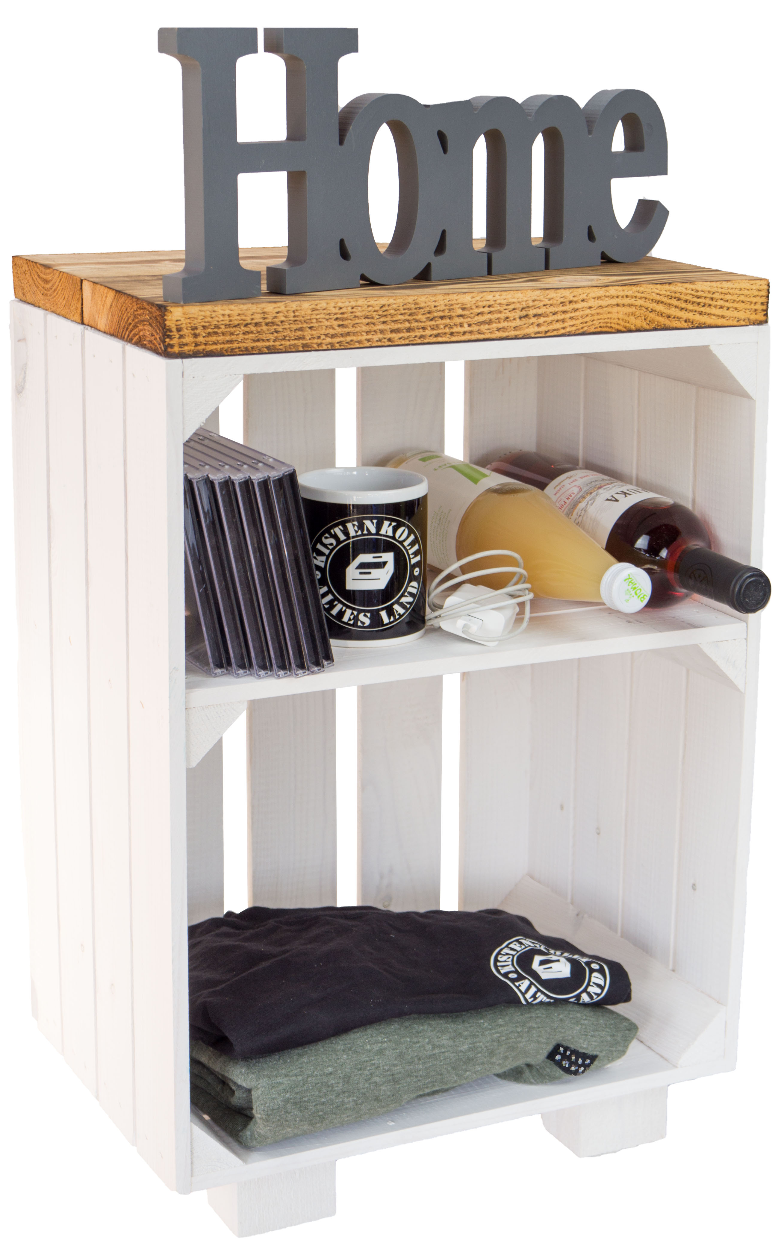 Nachttisch weiss mit geflammten Holzplanken mit Mittelbrett weiss