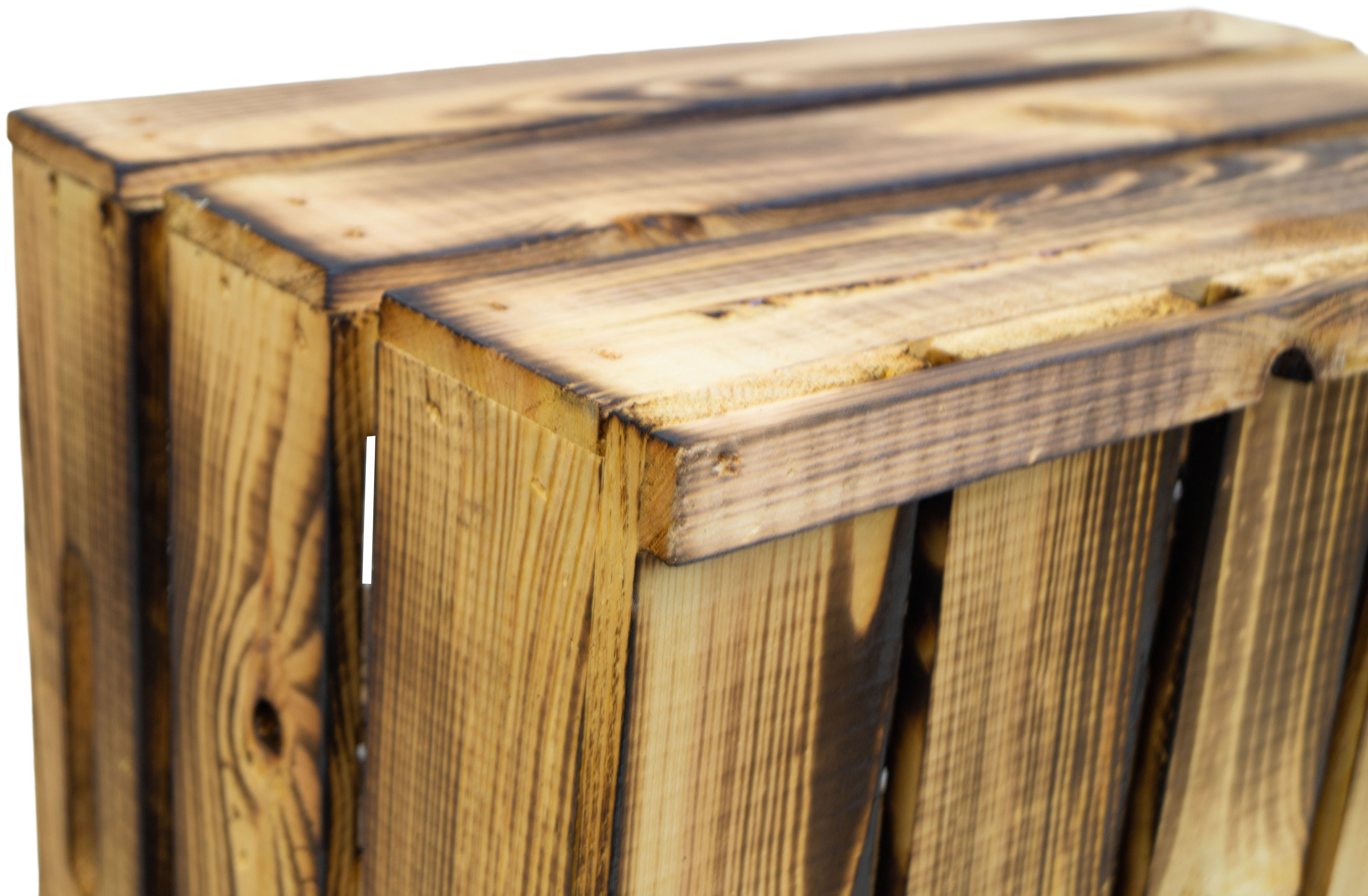 Holzkiste Elfriede geflammt mit Mittelbrett längs 54x30x35cm Holzkiste Elfriede geflammt mit Mittelbrett längs 54x30x35cm