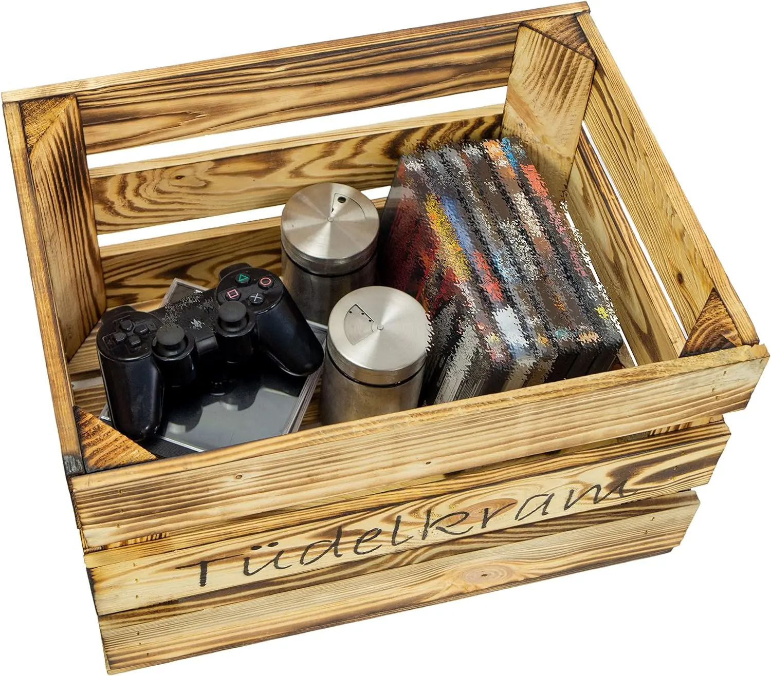 Holzkiste mit Aufschrift Tüdelkram Geflammt, 40x30x25cm