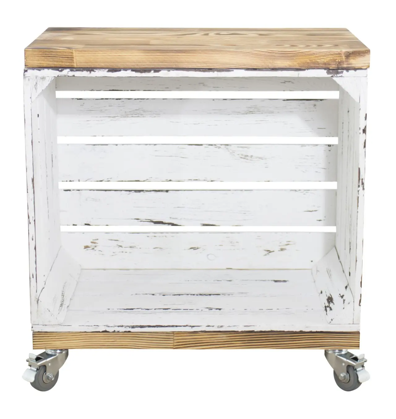 Beistelltisch aus einer Kiste in shabby weiß mit 2 geflammten Bohlenbrettern auf Rollen 53x50x30cm Beistelltisch aus einer Kiste in shabby weiß mit 2 geflammten Bohlenbrettern auf Rollen 53x50x30cm