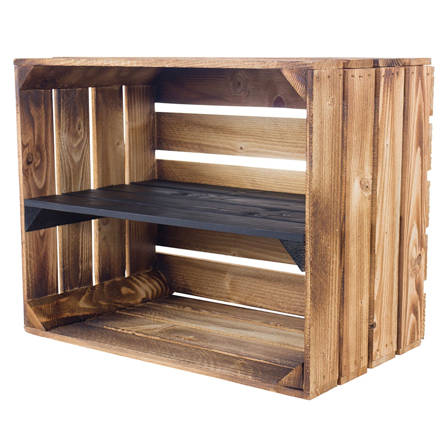 Geflammte Holzkiste mit schwarzem Mittelbrett 50x40x30cm Geflammte Holzkiste mit schwarzem Mittelbrett 50x40x30cm