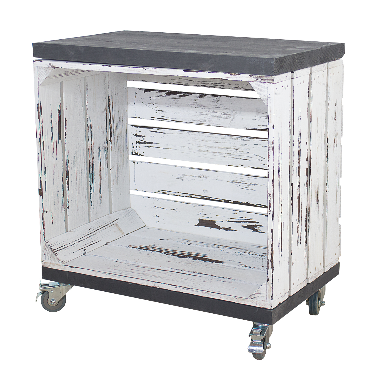 Regal aus einer Obstkiste in Vintage Optik mit zwei Bohlenbrettern in ShabbySchwarz, auf Rollen 53x50x30cm Regal aus einer Obstkiste in Vintage Optik mit zwei Bohlenbrettern in ShabbySchwarz, auf Rollen 53x50x30cm