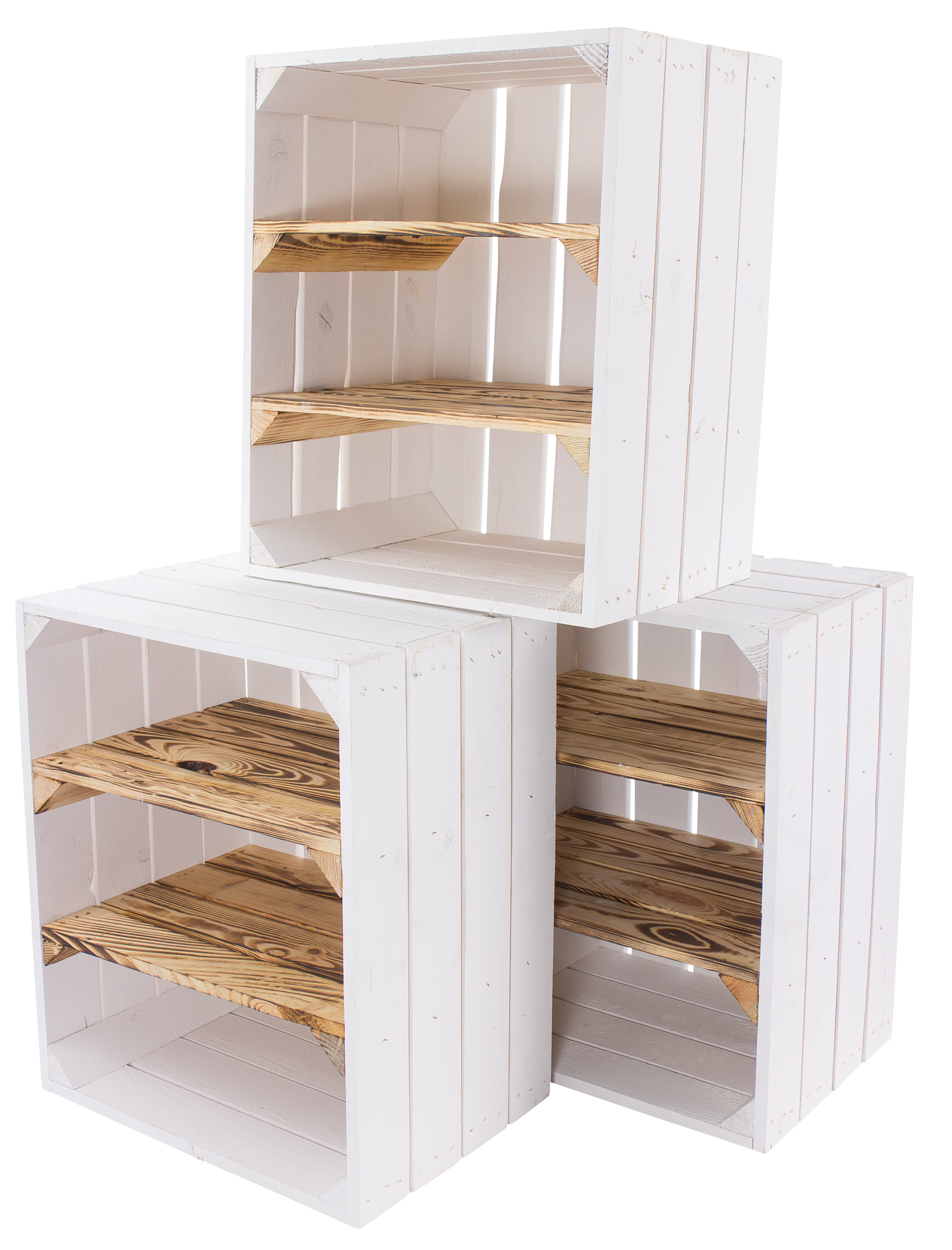 Weiße Holzkiste mit 2 geflammten Mittelbrettern -quer- 50x40x30cm