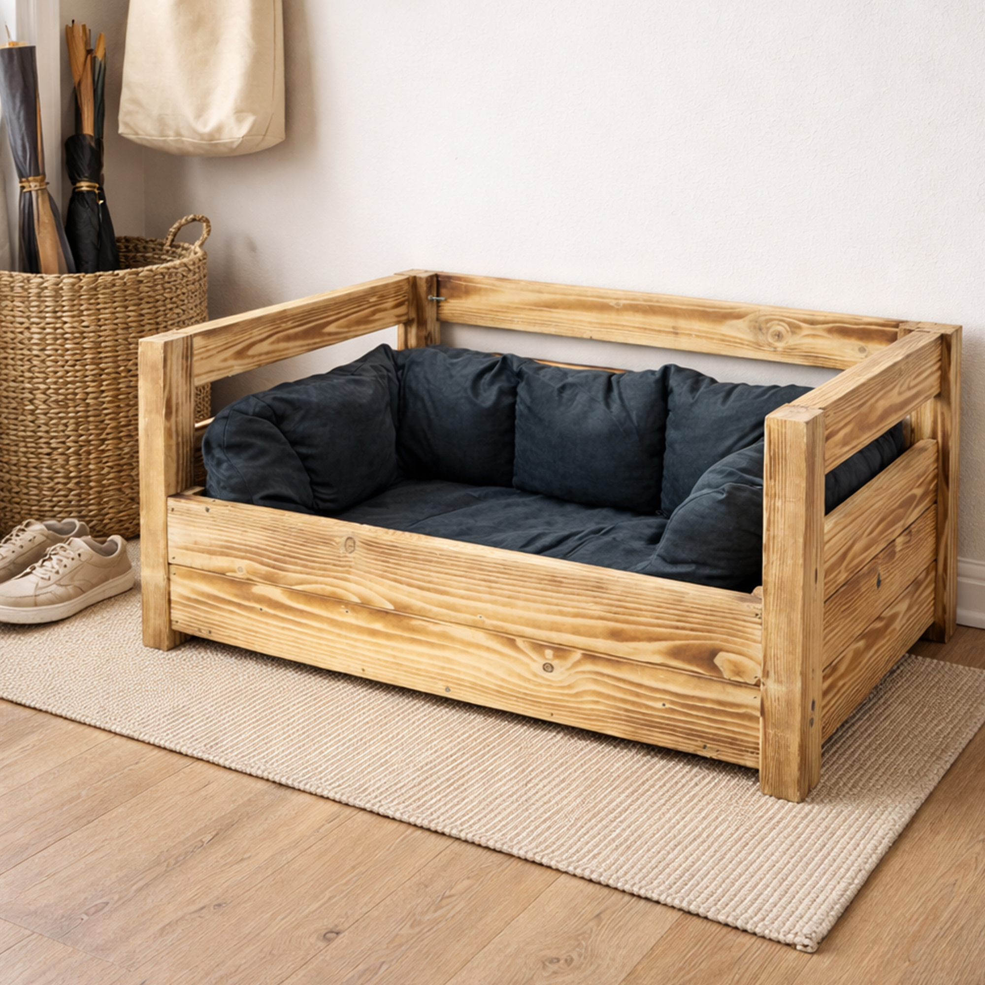 Hundebett Charly – Massivholz in Natur, Braun oder Geflammt 90x57x45cm Gefammt ohne Kissen
