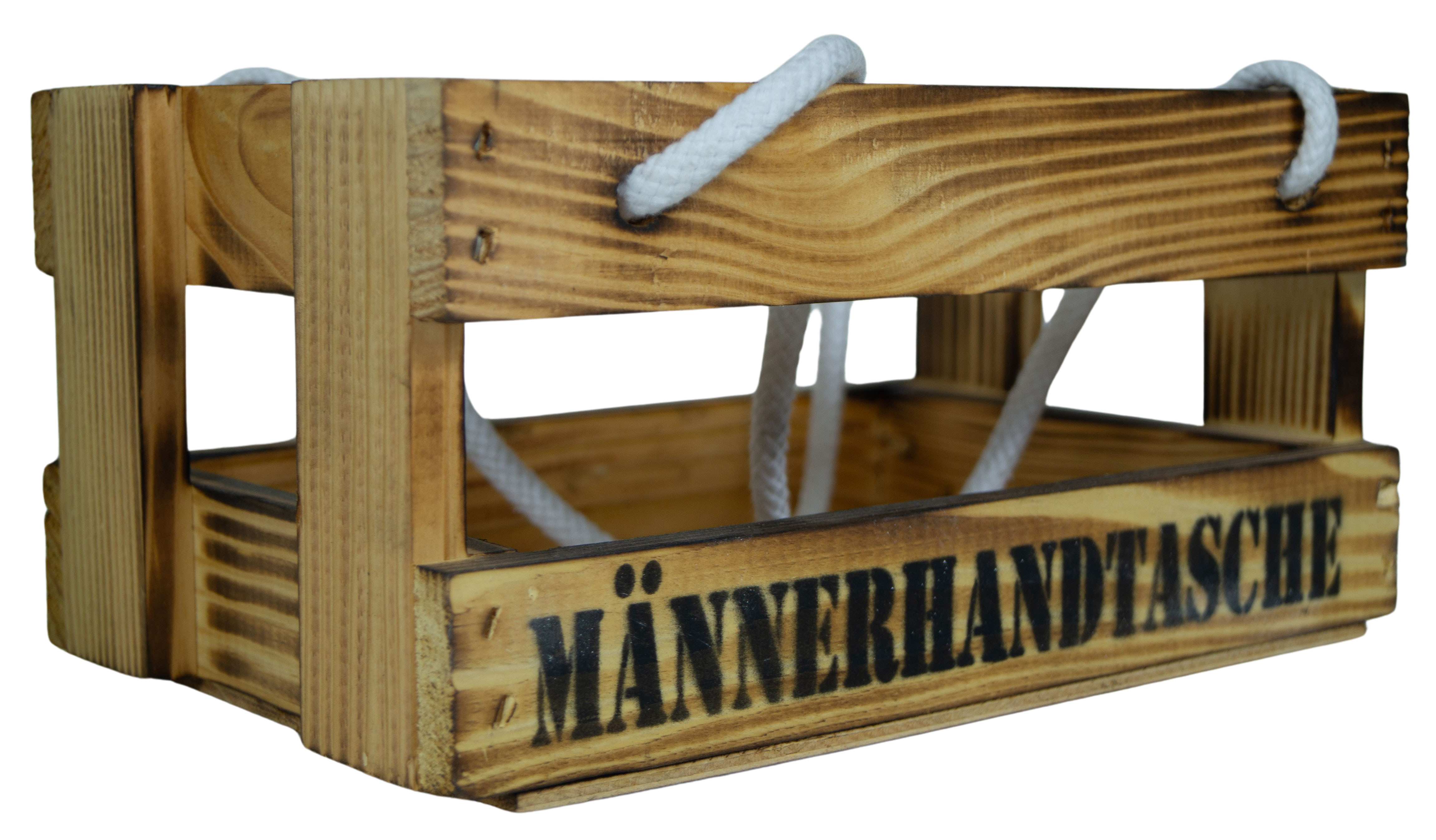 Holzkiste mit Griffbändern Männerhandtasche in geflammt mit Platz für bis zu 6 Getränke Holzkiste mit Griffbändern Männerhandtasche in geflammt mit Platz für bis zu 6 Getränke