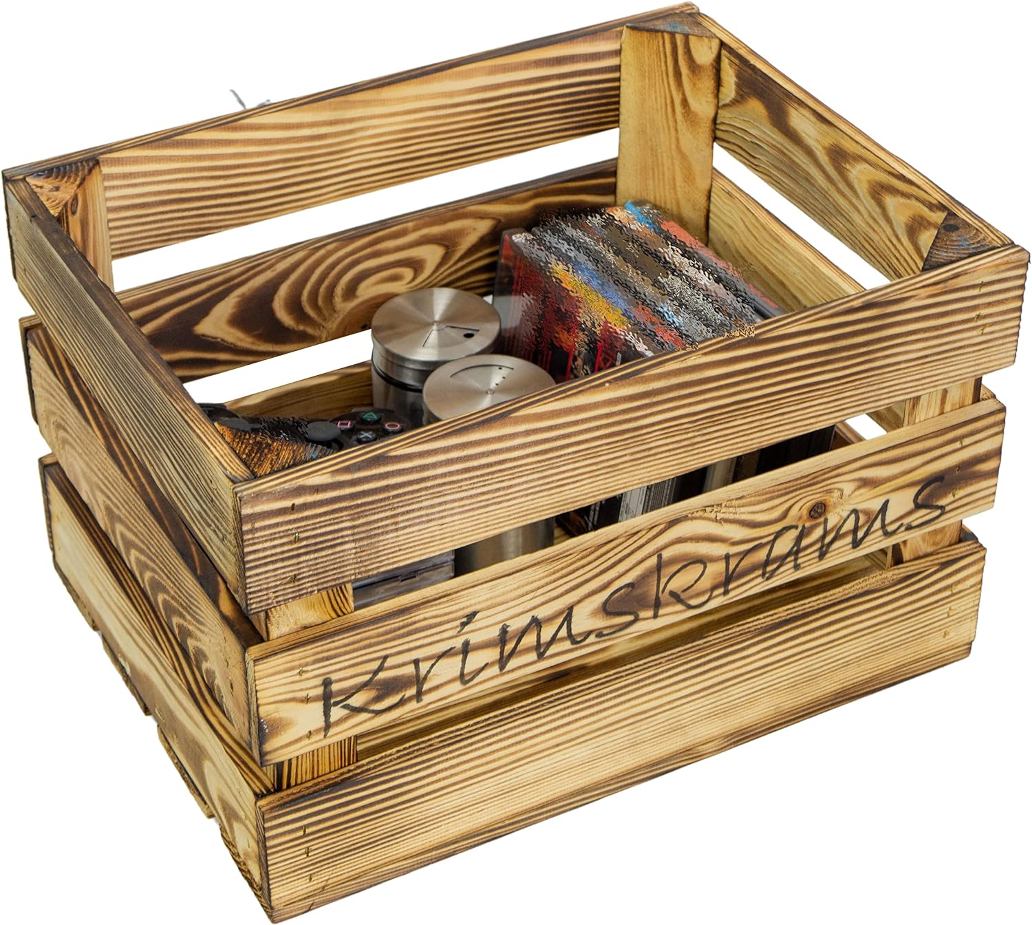 Holzkiste mit Aufschrift Krimskrams Geflammt, 40x30x25cm